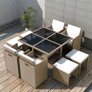 Set mobilier de exterior cu perne 9 piese bej poliratan