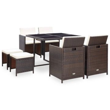 Set mobilier de exterior cu perne 9 piese maro poliratan