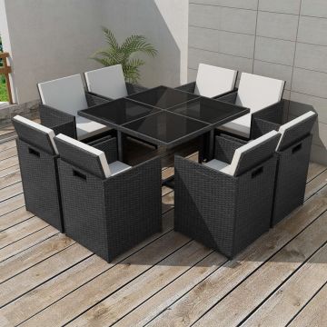 Set mobilier de exterior cu perne 9 piese negru poliratan