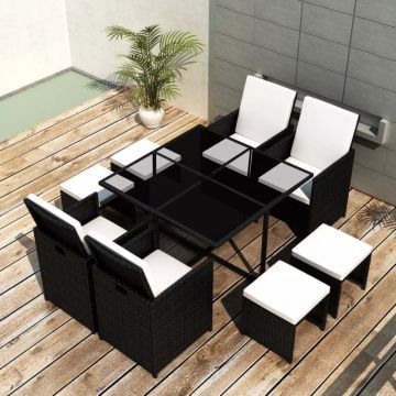 Set mobilier de exterior cu perne 9 piese negru poliratan