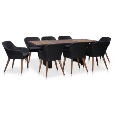 Set mobilier de exterior cu perne 9 piese negru poliratan
