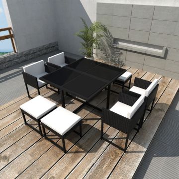 Set mobilier de exterior cu perne 9 piese negru poliratan