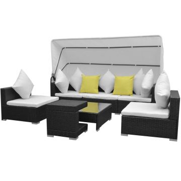 Set mobilier de grădină cu baldachin 7 piese negru poliratan