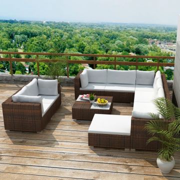 Set mobilier de grădină cu perne 10 piese maro poliratan