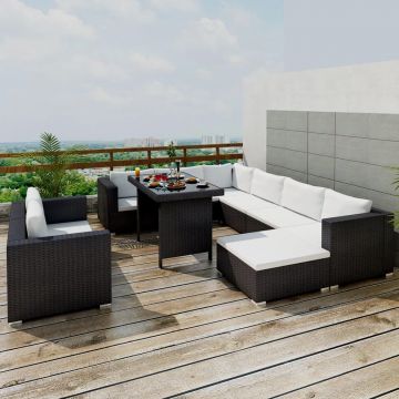 Set mobilier de grădină cu perne 10 piese negru poliratan