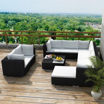 Set mobilier de grădină cu perne 10 piese negru poliratan