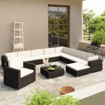 Set mobilier de grădină cu perne 12 piese negru poliratan