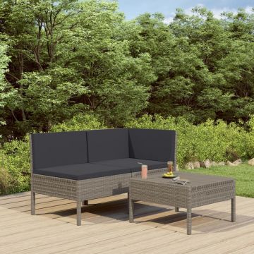Set mobilier de grădină cu perne 3 piese gri poliratan