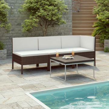 Set mobilier de grădină cu perne 3 piese maro poliratan