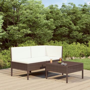 Set mobilier de grădină cu perne 3 piese maro poliratan