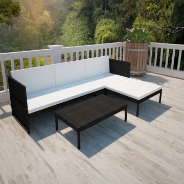 Set mobilier de grădină cu perne 3 piese negru poliratan
