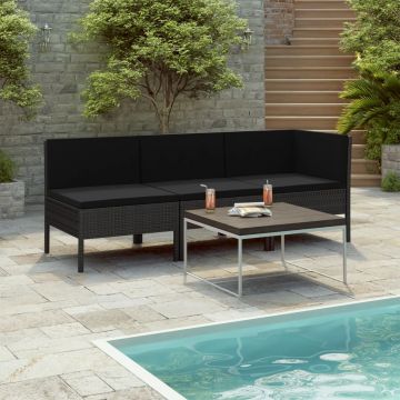 Set mobilier de grădină cu perne 3 piese negru poliratan