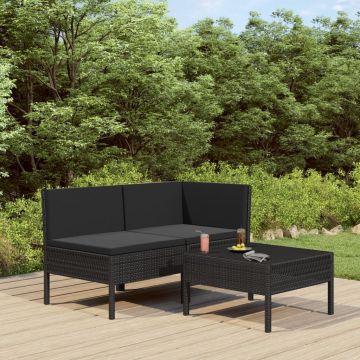 Set mobilier de grădină cu perne 3 piese negru poliratan