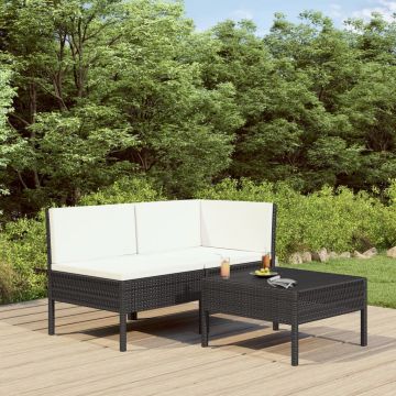Set mobilier de grădină cu perne 3 piese negru poliratan