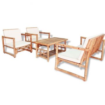 Set mobilier de grădină cu perne, 4 piese, bambus