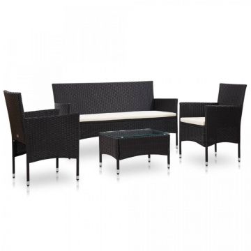 Set mobilier de grădină cu perne, 4 piese, negru, poliratan