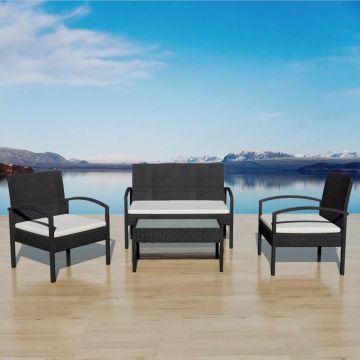 Set mobilier de grădină cu perne 4 piese negru poliratan