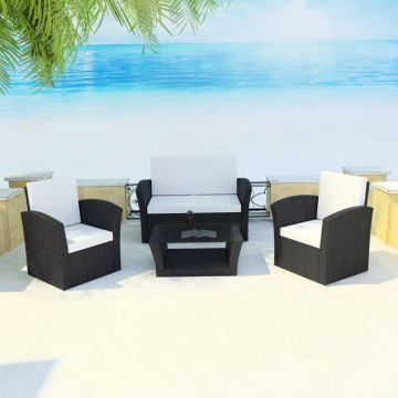 Set mobilier de grădină cu perne 4 piese negru poliratan