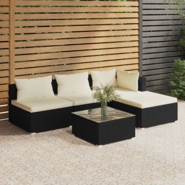 Set mobilier de grădină cu perne, 5 piese, negru, poliratan
