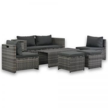 Set mobilier de grădină cu perne, 6 piese, gri, poliratan