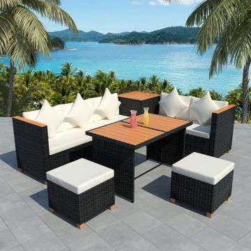 Set mobilier de grădină cu perne 7 piese negru poliratan