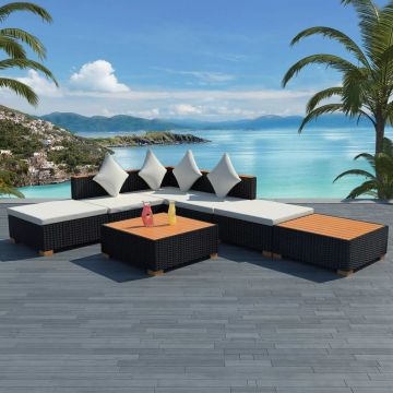 Set mobilier de grădină cu perne 7 piese negru poliratan