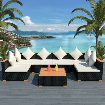 Set mobilier de grădină cu perne 7 piese negru poliratan