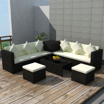Set mobilier de grădină cu perne 8 piese negru poliratan