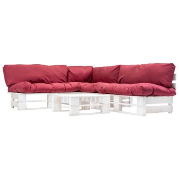 Set mobilier grădină din paleți cu perne roșii 4 piese lemn
