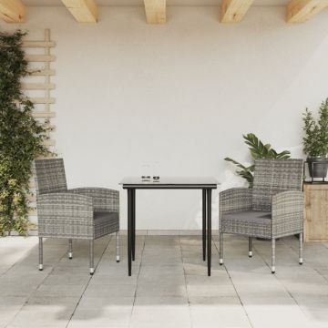 Set mobilier de grădină, 3 piese, gri&negru, poliratan și oțel