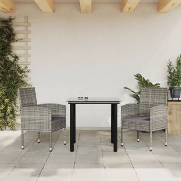 Set mobilier de grădină, 3 piese, gri&negru, poliratan și oțel