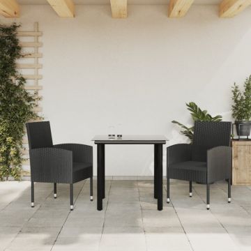 Set mobilier de grădină, 3 piese, negru, poliratan și oțel
