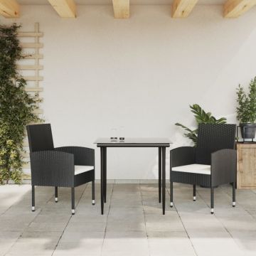 Set mobilier de grădină, 3 piese, negru, poliratan și oțel