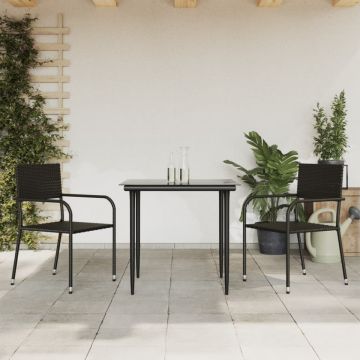 Set mobilier de grădină, 3 piese, negru, poliratan și oțel