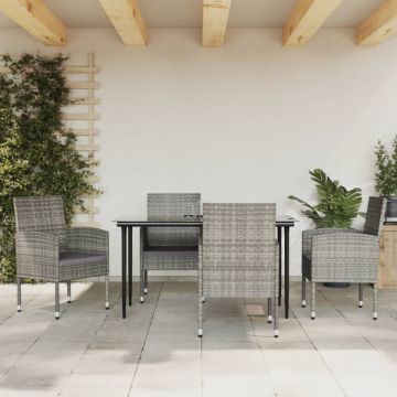 Set mobilier de grădină, 5 piese, gri&negru, poliratan și oțel