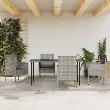 Set mobilier de grădină, 5 piese, gri&negru, poliratan și oțel