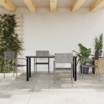 Set mobilier de grădină, 5 piese, gri&negru, poliratan și oțel