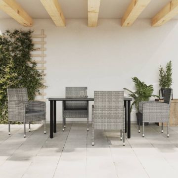 Set mobilier de grădină, 5 piese, gri&negru, poliratan și oțel