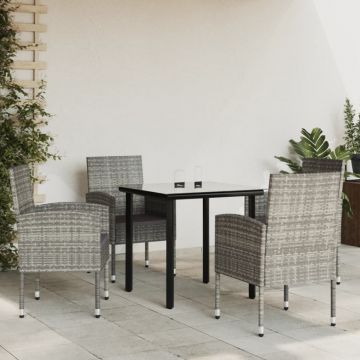 Set mobilier de grădină, 5 piese, gri&negru, poliratan și oțel