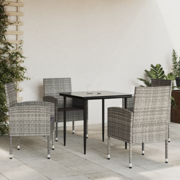 Set mobilier de grădină, 5 piese, gri&negru, poliratan și oțel
