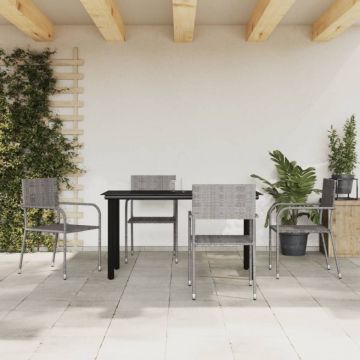 Set mobilier de grădină, 5 piese, gri&negru, poliratan și oțel
