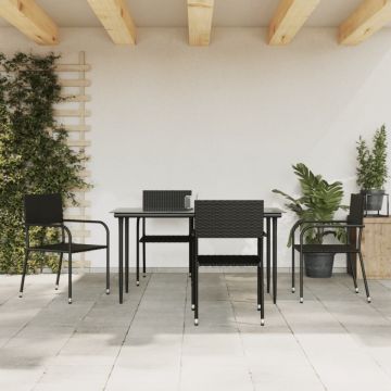 Set mobilier de grădină, 5 piese, negru, poliratan și oțel
