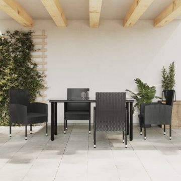 Set mobilier de grădină, 5 piese, negru, poliratan și oțel