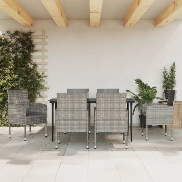 Set mobilier de grădină, 7 piese, gri&negru, poliratan și oțel