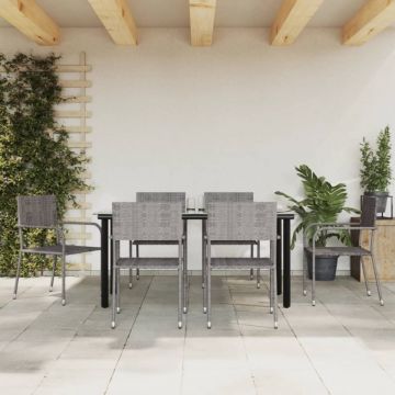 Set mobilier de grădină, 7 piese, gri&negru, poliratan și oțel