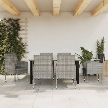 Set mobilier de grădină, 7 piese, gri&negru, poliratan și oțel