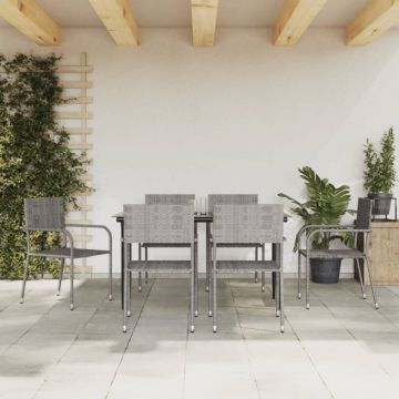 Set mobilier de grădină, 7 piese, gri&negru, poliratan și oțel