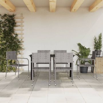 Set mobilier de grădină, 7 piese, gri&negru, poliratan și oțel