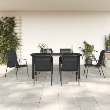 Set mobilier de grădină, 7 piese, negru, oțel și textilenă