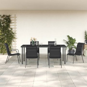 Set mobilier de grădină, 7 piese, negru, oțel și textilenă
